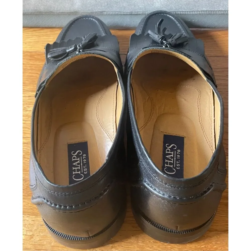 Chaps Mens 9.5M Black Leather Kiltie Fringe Tassel Loafers Dress Shoes
